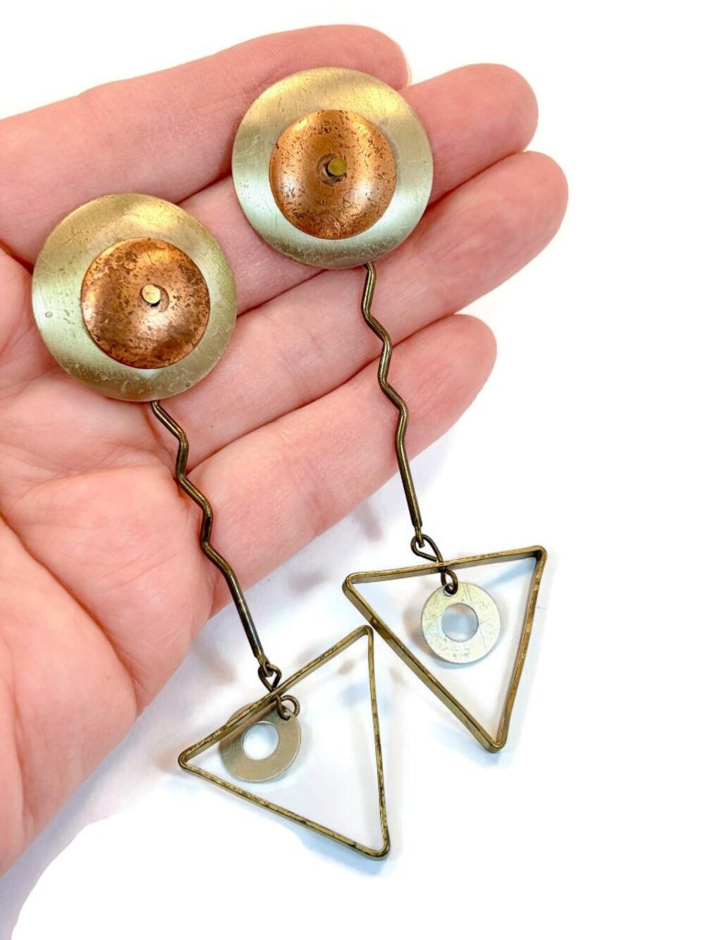 Vintage Earrings, Contemporary 3 1/2" Long, Mixed Metal, Patina, Modern, 90s